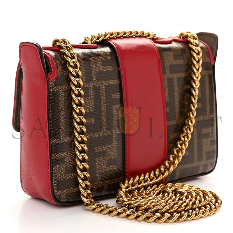 FENDI GLAZED FABRIC VITELLO CENTURY FF 1974 STAMP PATCH MINI DOUBLE F CROSSBODY BAG MOGANO PANNA FRAGOLA (19*13*4cm) 